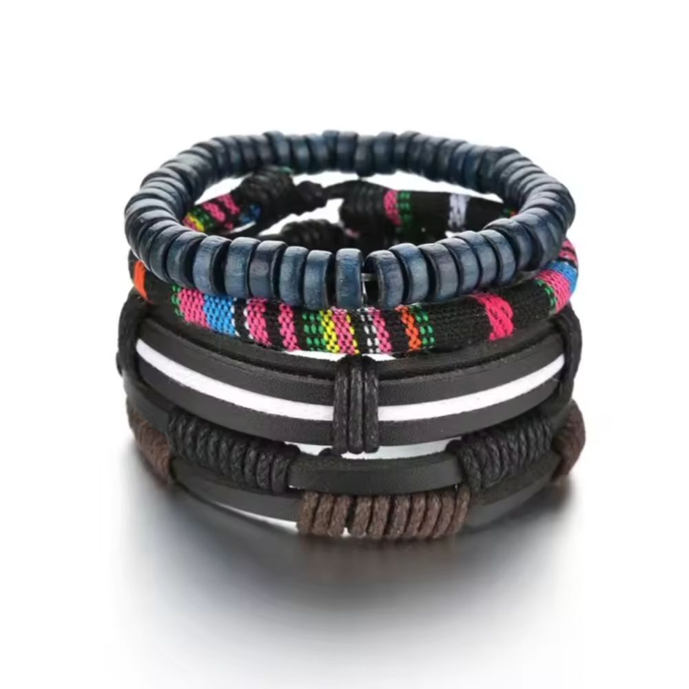 Men's Bracelets Set Leather‎ 4pc Layered Beaded New F3